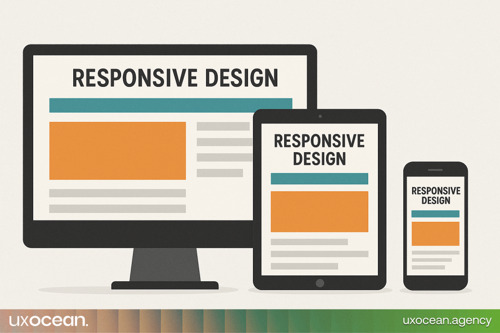Website layout adapting on desktop, tablet, and mobile screens as an example of responsive web design.