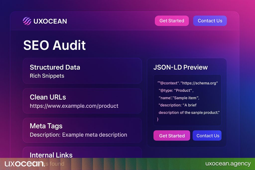 Schema markup and structured data implementation shown in rich results and JSON-LD format