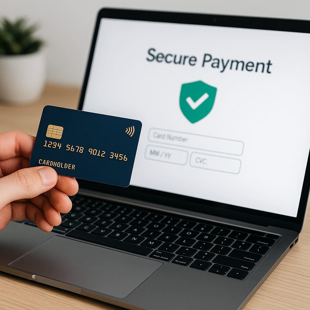 "Secure online payment process with a credit card and a laptop screen showing a secure transaction.