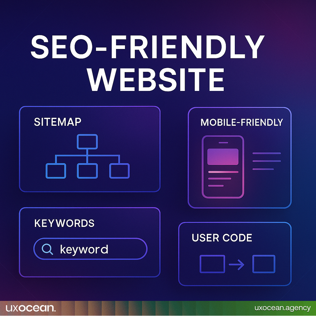 Conceptual UI mockup of SEO-friendly web development structure showing mobile compatibility and keyword strategy