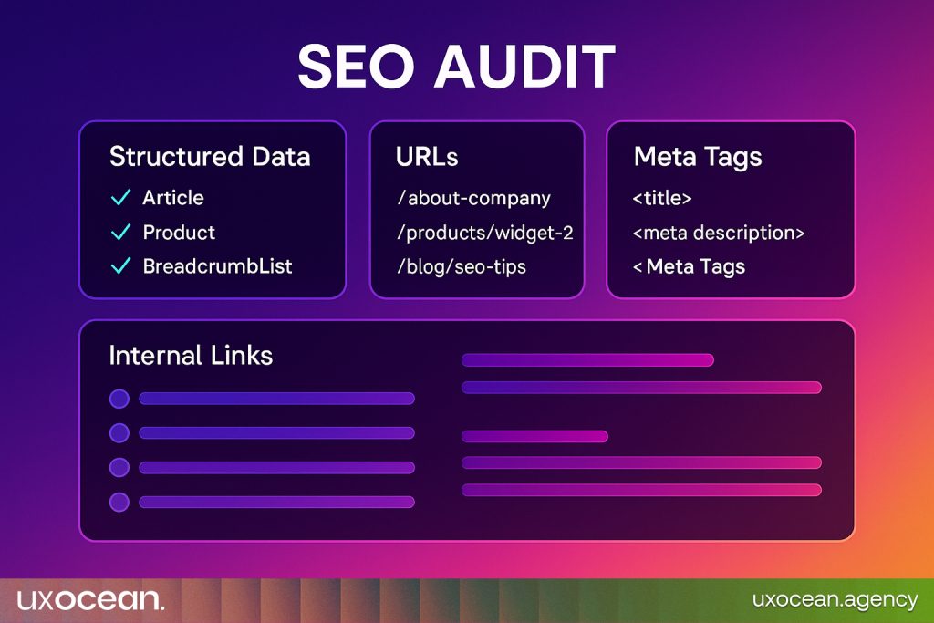 Technical SEO UI mockup showing metadata, clean URLs, and internal linking structure