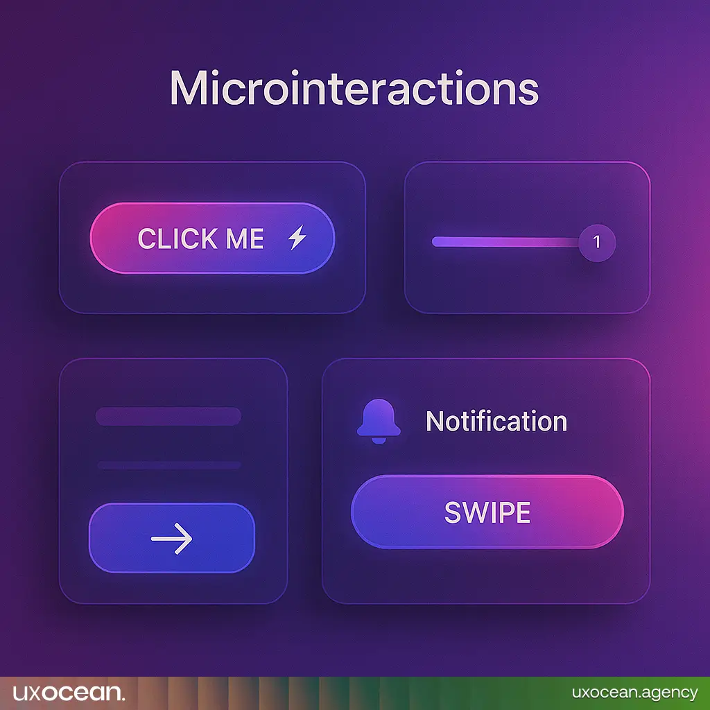 Motion UI prototypes displaying user interactions with buttons, sliders, and notifications in a gradient modern mockup