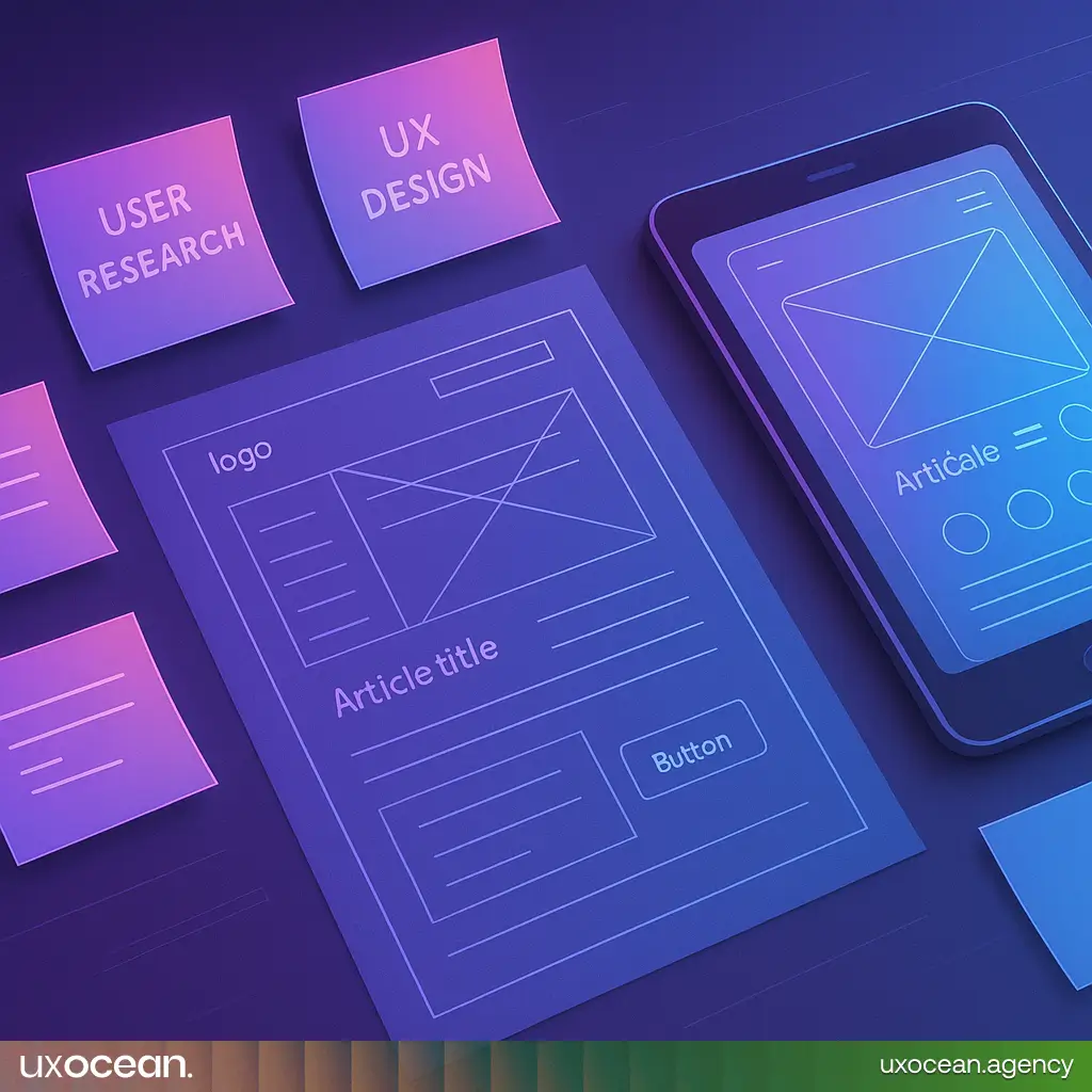 Gradient-modern style wireframing process with digital sticky notes and tablet UI mockups in a collaborative workspace. Clean and creative design with futuristic overlays.