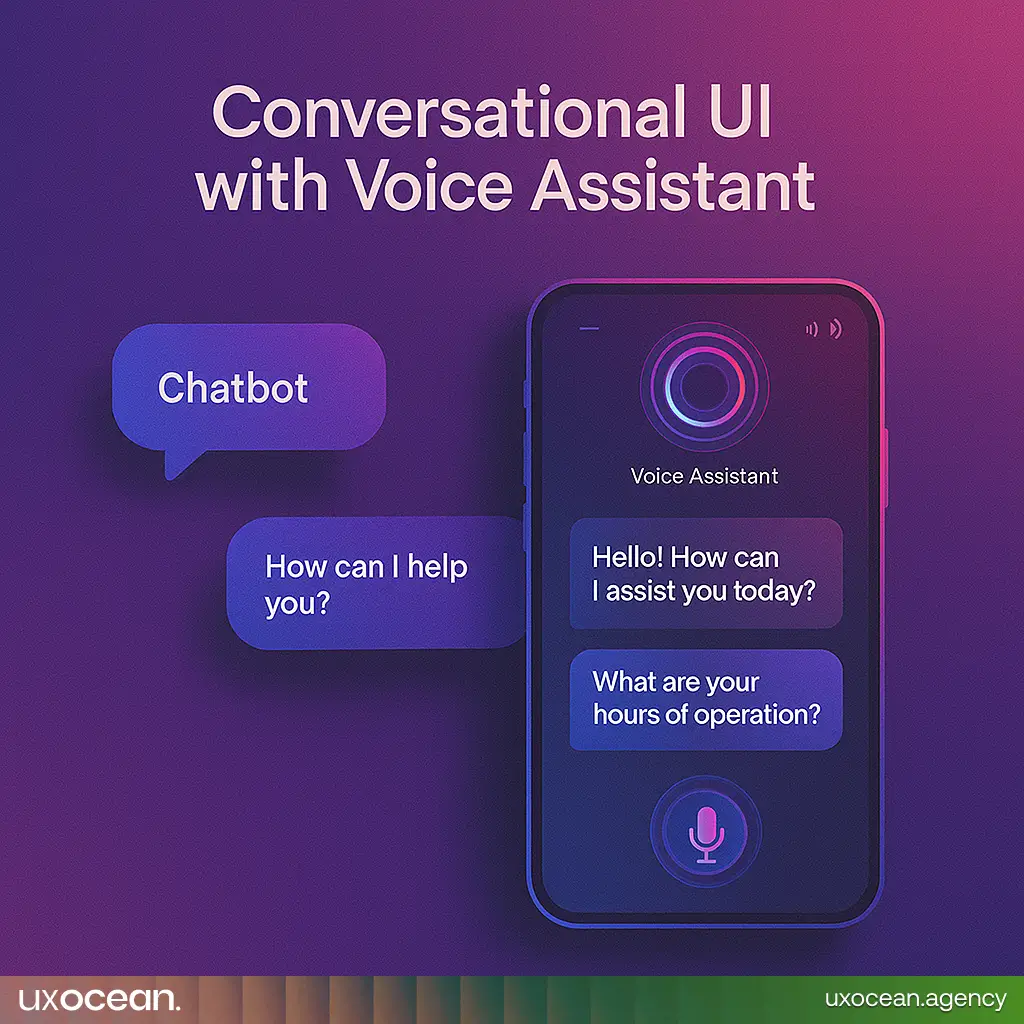 Chatbot and voice assistant UI design in neon futuristic gradient interface, displaying smart conversation flow