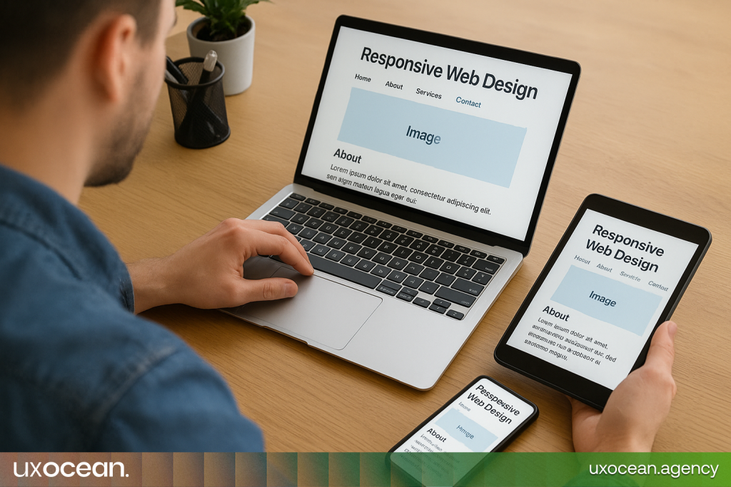 Web designer testing a website on laptop, tablet, and smartphone to ensure responsive design.