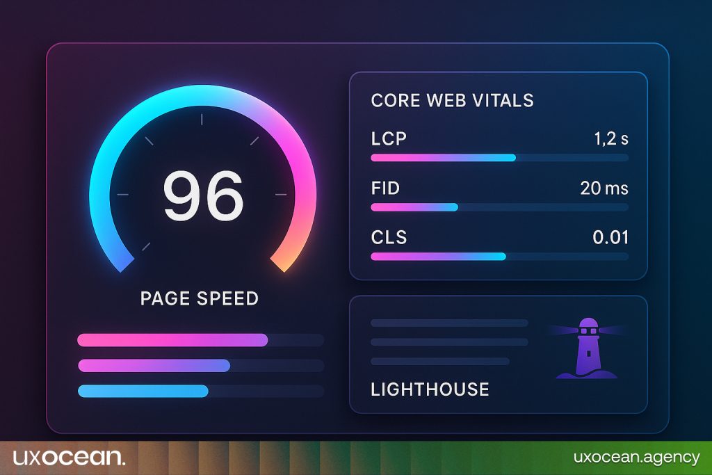 Page speed and Core Web Vitals performance dashboard in a futuristic gradient UI