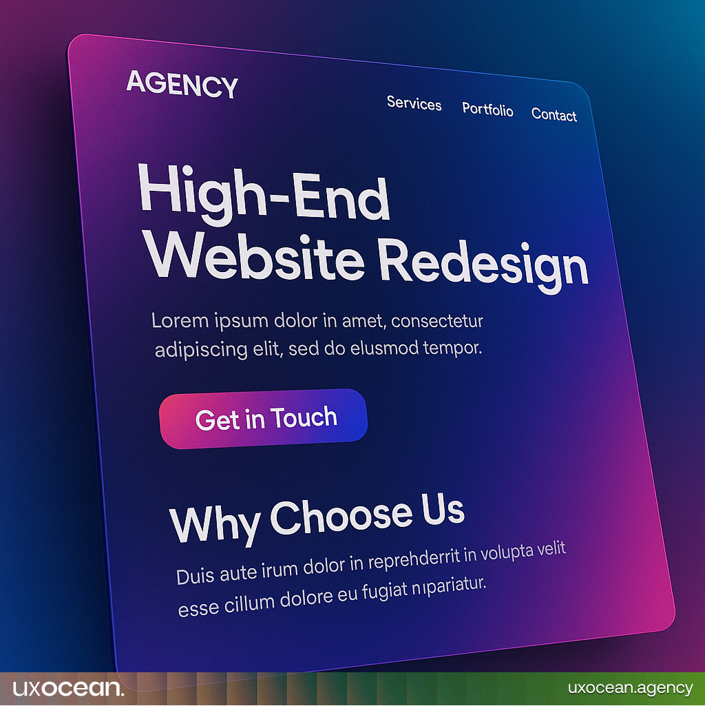 Futuristic gradient design of a high-end website redesign mockup, showcasing a sleek modern interface with a top agency touch.